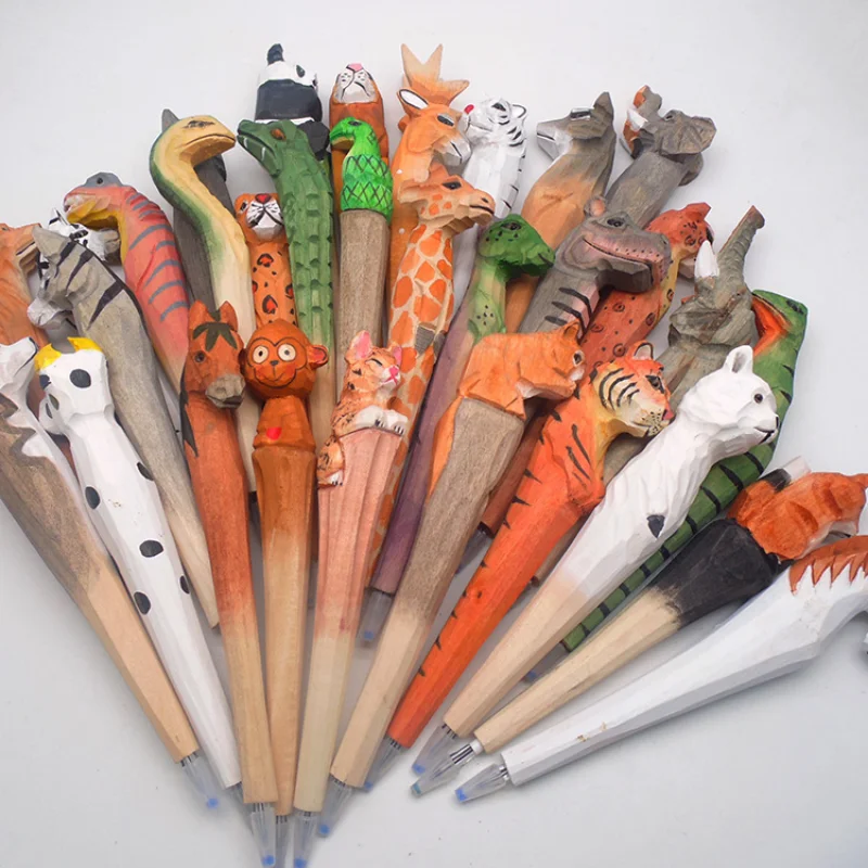 Cartoon creative gift stationery lovely wood carving pen 0.5m animal pen art neutral pen wood craft pen