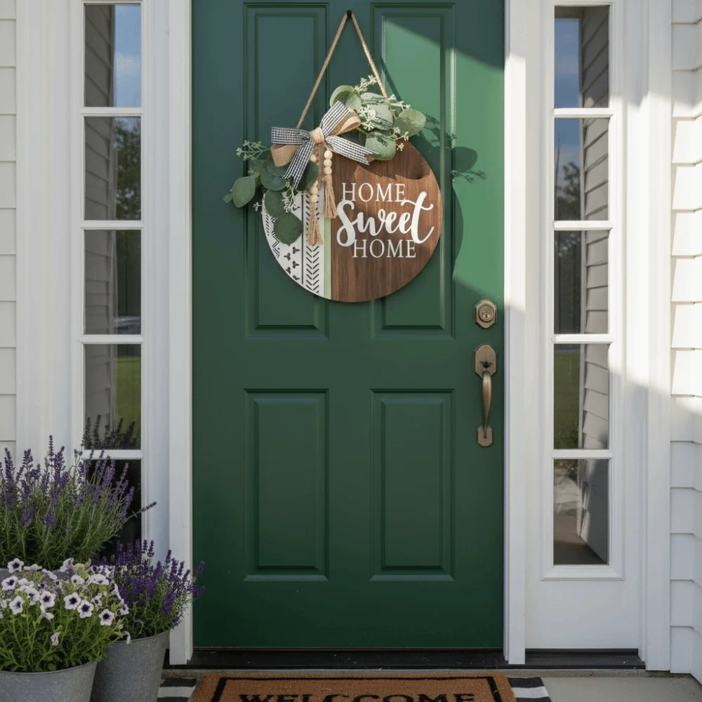 Ornaments 2D Flat Welcome Sign Wooden Bow Knot Hanging Decoration Simulated Plant Round Shape Wall Art Outdoor Decor