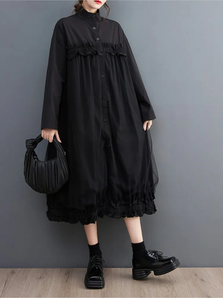 Oversized Spring Autumn Long Shirts Dress Women Mesh Patchwork Modis Loose Ruffle Pleated Ladies Dresses Long Sleeve Woman Dress