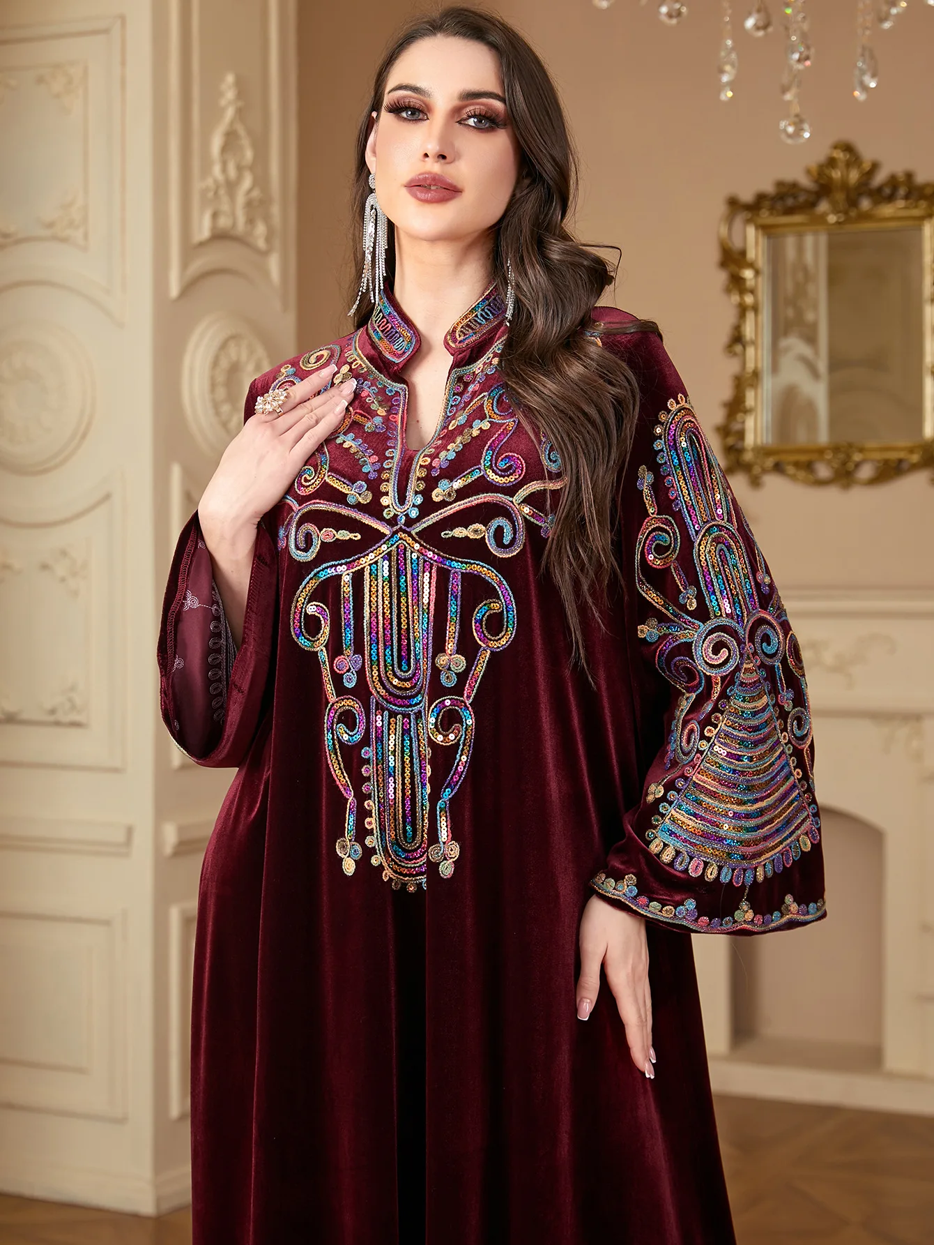 2024 Autumn Winter Embroidery Women Long Dress Velvet Muslim Arabic Luxury Dubai Abaya Islam Party Evening Gown Jalabiya Kaftan