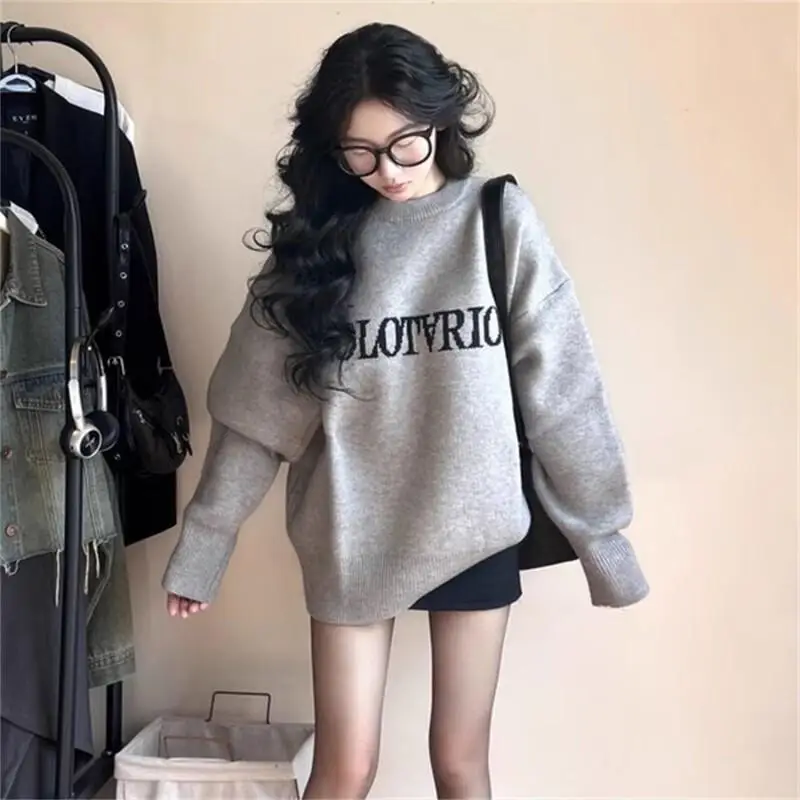 

grey letter sweater Women's autumn winter loose outerwear hood knitwear tops leisure versatile sweet casual elegance solid top