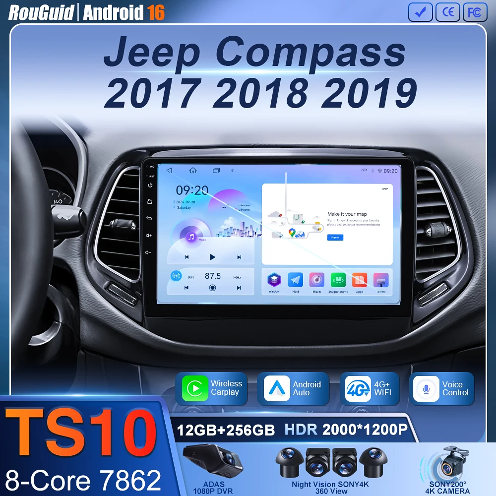 

Android 16 Video Player Carplay Auto WIFI+4G For Jeep Compass 2017 2018 2019 Car Radio GPS Stereo Multimedia 2din Head Unit DSP