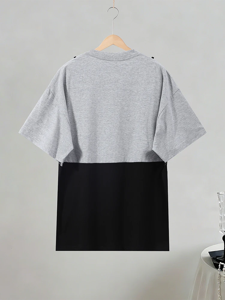 Spitzen-Patchwork T-Shirt mit Fake-Zweiteiler-Effekt für Damen, Eleganter Rundhalsausschnitt, Kurzarm, Locker Geschnittenes Oberteil, Frühlings-Chic, Neue Club- und Partykleidung – Detail 7