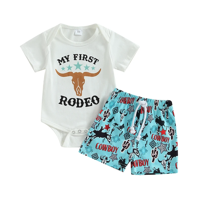 Western Baby Boy Summer clothes My First Rodeo Short Sleeve Romper Cow Shorts Set Newborn Cowboy Outfits