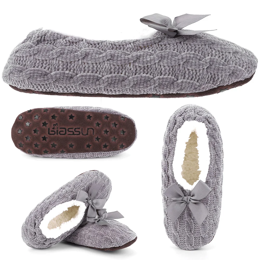 Ballerina Slipper Socks Non-Slip Knit House Slippers Cute Winter Warm Indoor Floor Shoes with Bow Soft Plush Slippers for Women