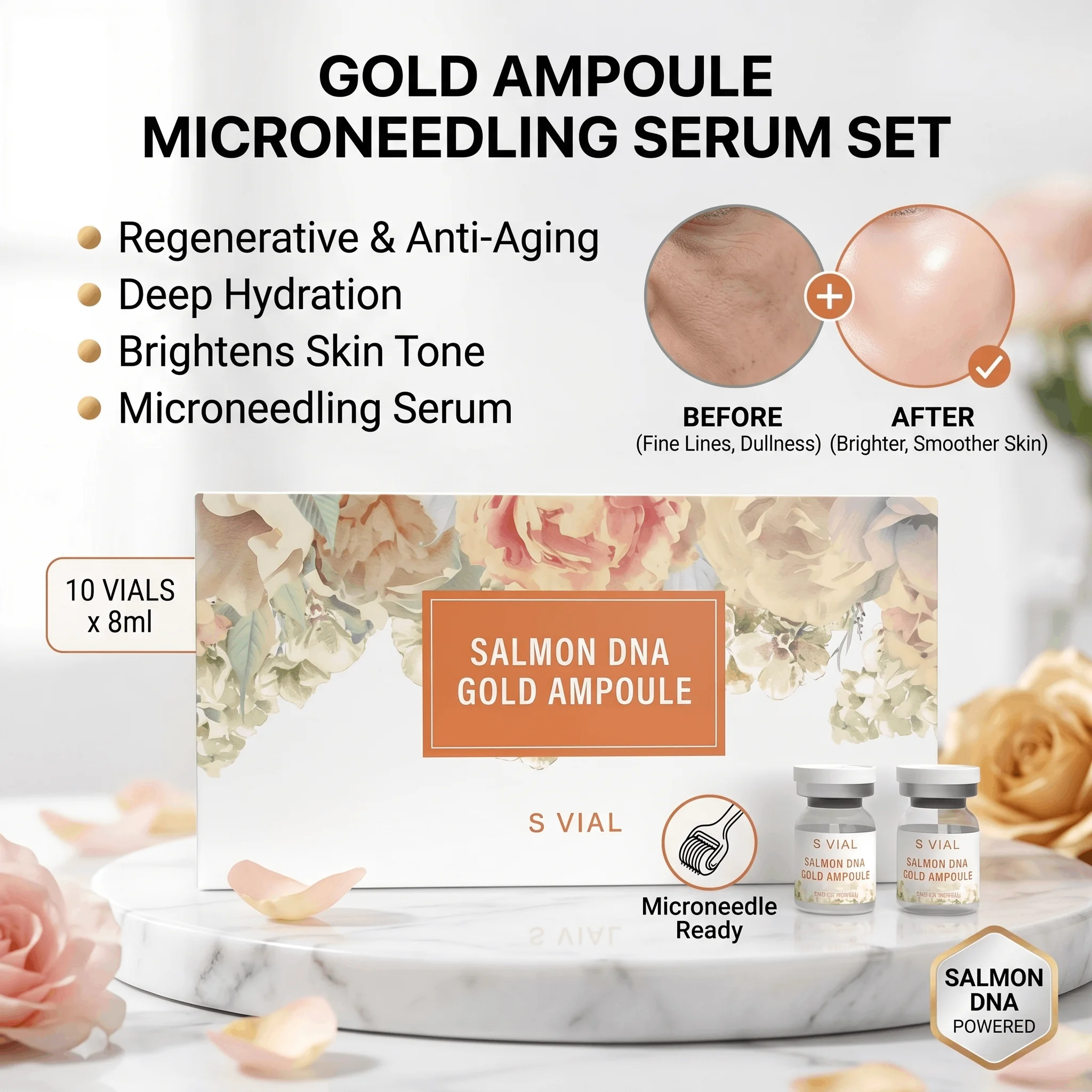 Conjunto de Essência em Ampola DNA Gold com Microagulhas, Anti-Envelhecimento, Reparação de Rugas, Clareamento, Hidratação, Firmador e Lifting para Cuidados com a Pele