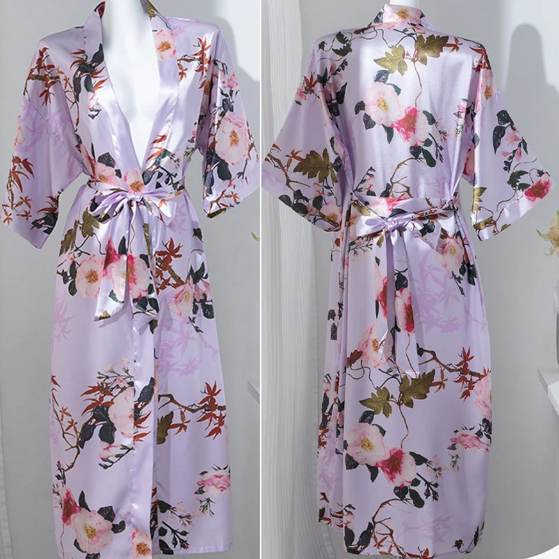 

Print Flower Female Kimono Bthrobe Gown Loungewear Summer New Silk Satin Sleepwear Nighgown Loose Casual Nightwear Lingerie