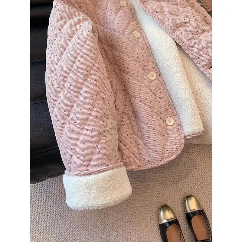 Chaqueta elegante de pana floral para mujer, top coreano de algodón de manga larga con cuello redondo y corte holgado, chaqueta cálida y versátil para otoño e invierno