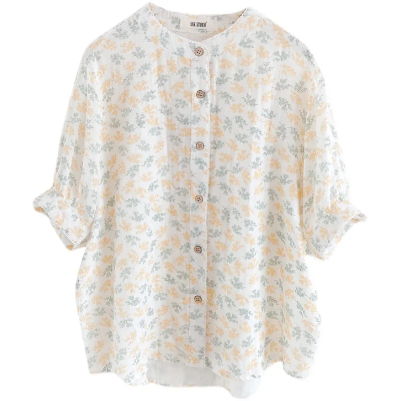 New Autumn Cotton Print Shirts Women Stand Collar Flowers Tops Girls Short Sleeve Loose Sweet Versatile Blouses Spring T39365QC