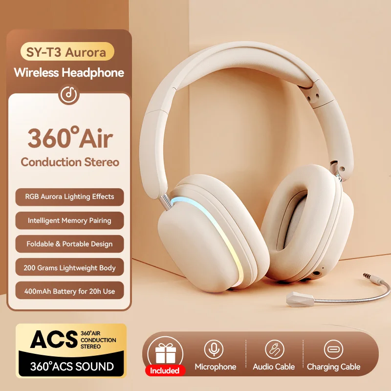 SY-T3 wireless Bluetooth RGB light headphones detachable long mic foldable rotating space sound effect music game headset