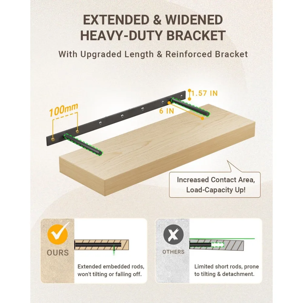 أرفف عائمة من خشب البلوط الأبيض للجدار، 2 رفوف عائمة من الخشب السميك المثبت على الحائط، 48 رفًا عائمًا طويلًا للمطبخ