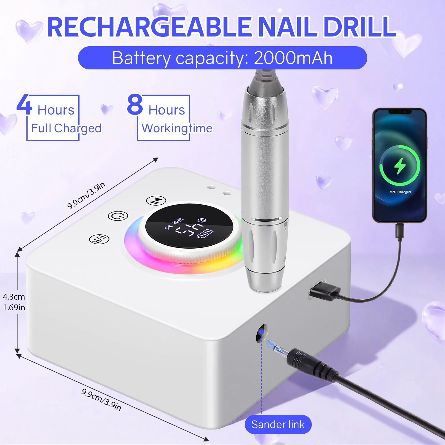 Perceuse à ongles électrique 45000 tr/min, avec écran LCD, lime à ongles Rechargeable, à faible bruit, pour Salon de manucure à domicile