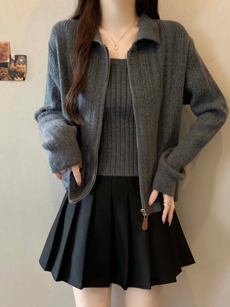 

plus Size Women's Spring Knitted Slimming Cardigan Vest Top Bot Set Casual Sle Polyester Fiber Long Sve irt