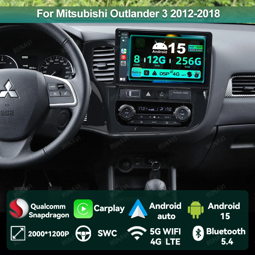 

Автомобильный радиоприемник Android 15 для Mitsubishi Outlander 3 2012-2018, авторадио QLED, беспроводной Carplay, авто GPS, головное устройство Qualcomm 4G LTE BT