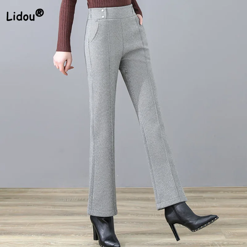 

Spring Autumn Woolen Elastic High Waist Solid Color Trousers Winter Plush and Thicken Drape Pockets All-match Micro Flare Pants