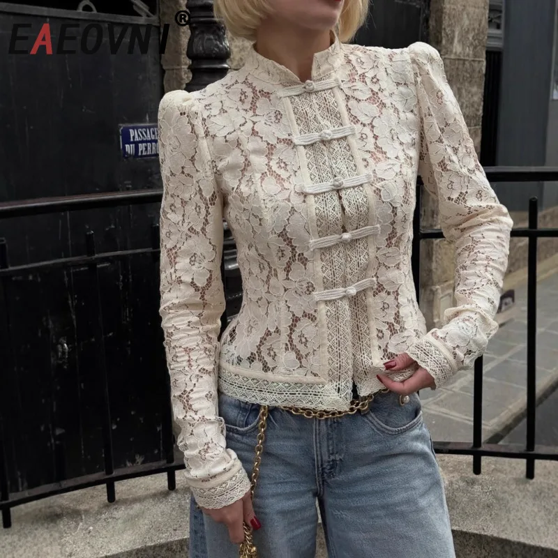 

EAEOVNI 2025 Lace Printed Shirts Tops Female Hollow Out Fashion Commute Vintage See-Through Blouse Women's Lace Shrug Shirts New