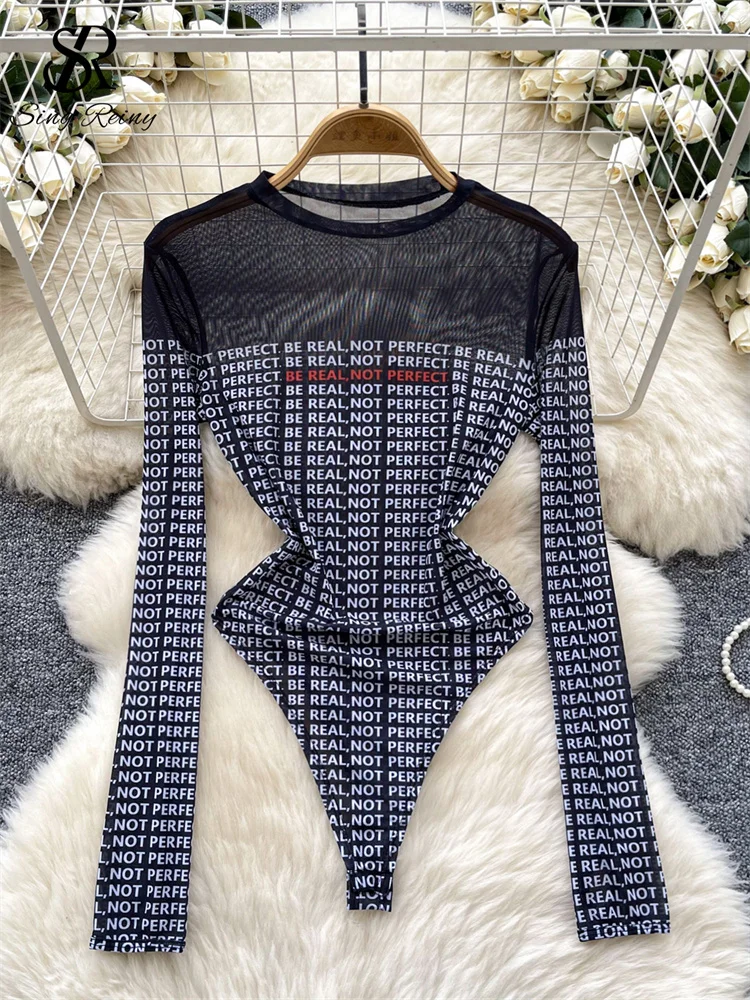 SINGREINY 2024 Sexy Ladies Bodysuits Long Sleeves Transparent Letter Print Chic American Fashion Slim Hotsweet Mesh Playsuits