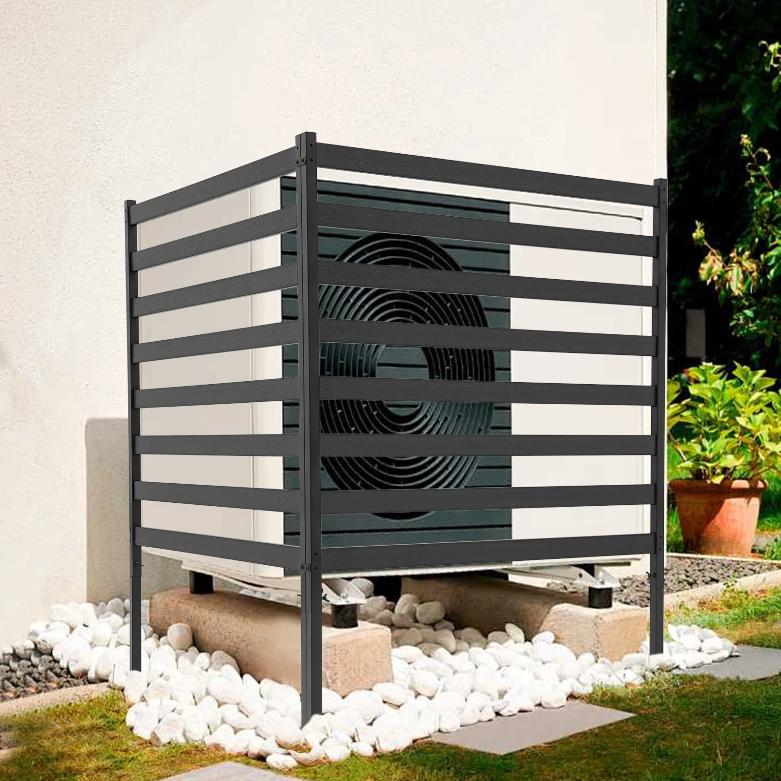2 Panel Outdoor Air Conditioner Privacy Fence, Steel Pipe & Plastic-Wood AC Unit Screen, Windproof Slat Garden Enclosure With Ground Stakes For Trash Can, Pool Equipment Hideaway, Black 98.5×130cm