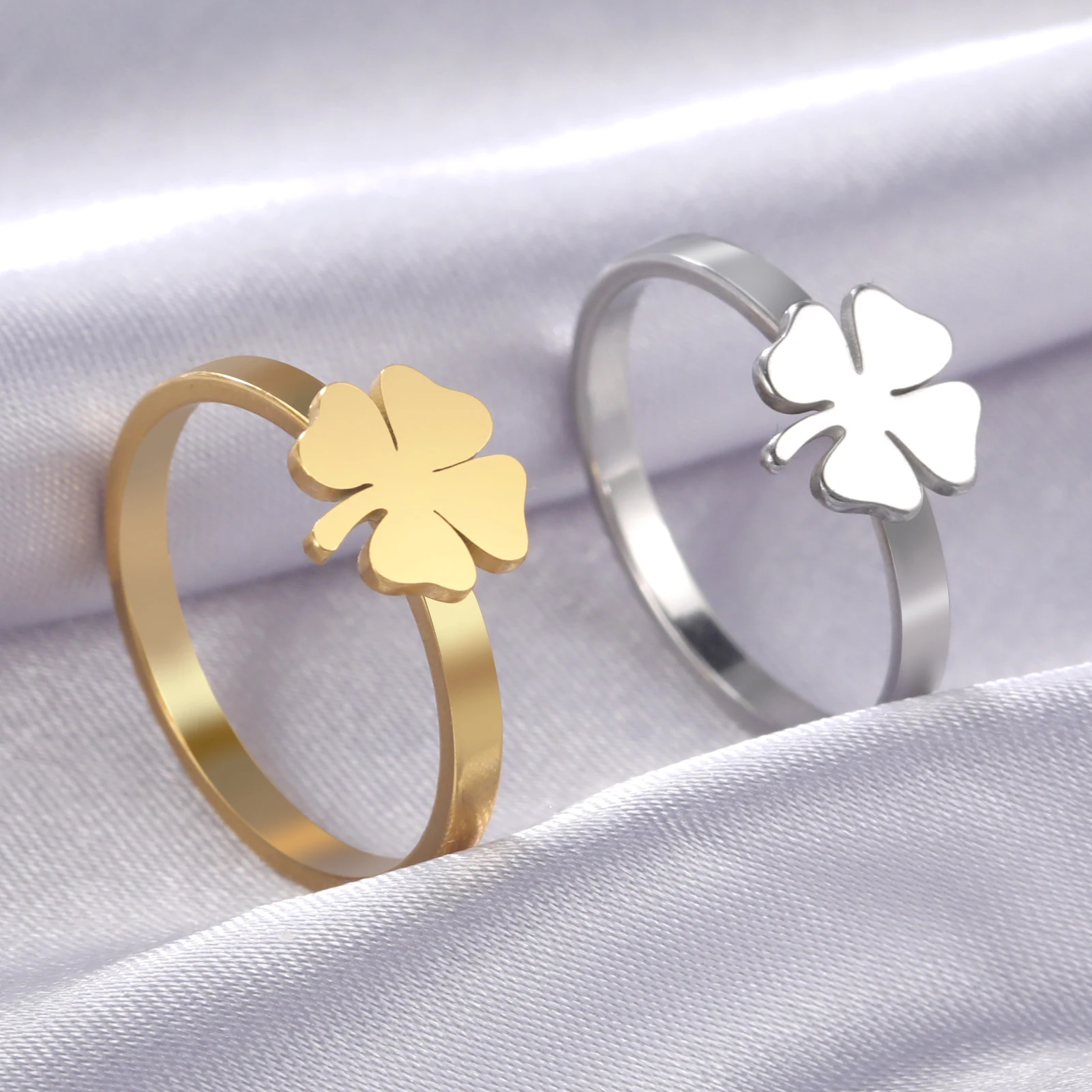 Stainless Steel Ring Minimalist Simple Clover Good Luck Symbol Cute Exclusive Finger Rings for Women Jewelry Fashion Girls Gifts