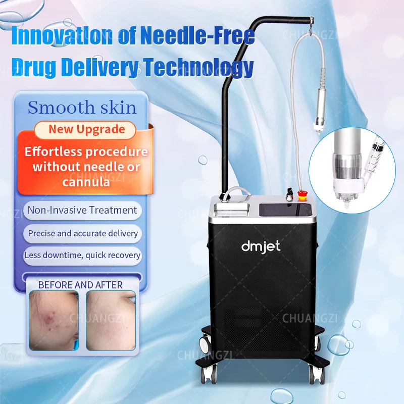 The DMjet automatic needle free drug delivery system delivers various types of drugs to the skin epidermis and dermis layer