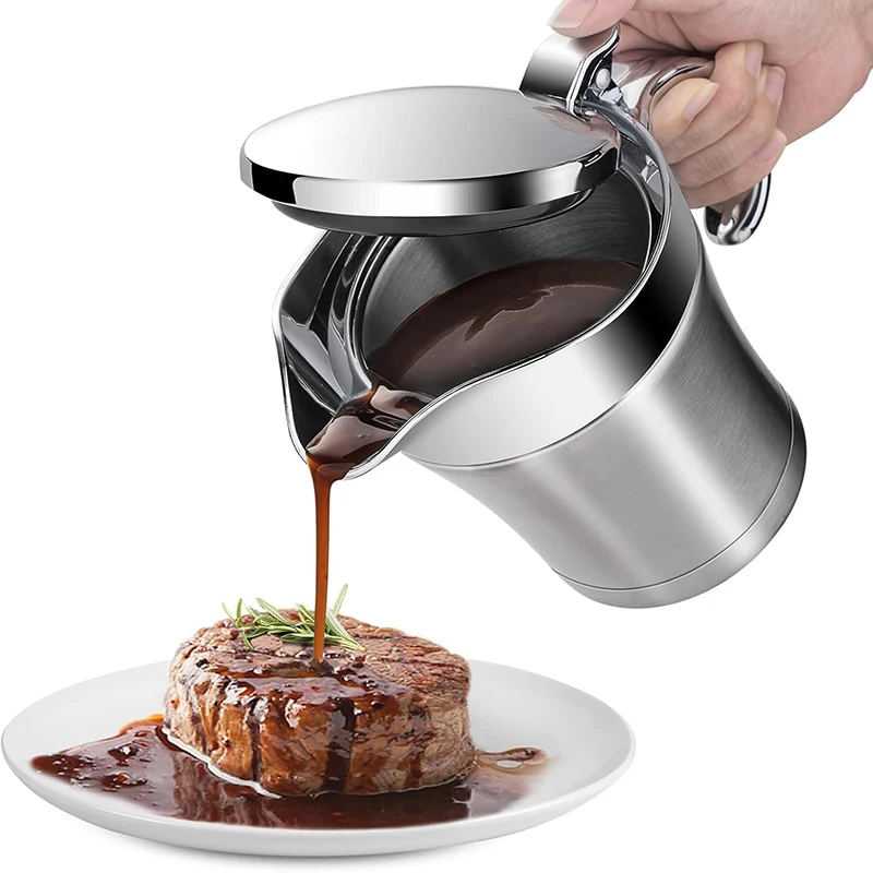 

Stainless Steel Gravy Boat with Lid Double Wall Insulated Thermal Jug 450/750ml Gravy Jug Kitchen Seasoning Pot Sauce Container