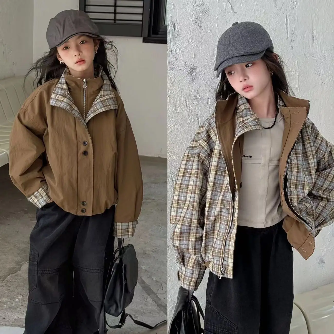 2026 New Girls' Autumn Children's Plaid Spliced Jacket Medium and Large Boys and Girls' Windbreaker Jacket Autumn Clothes