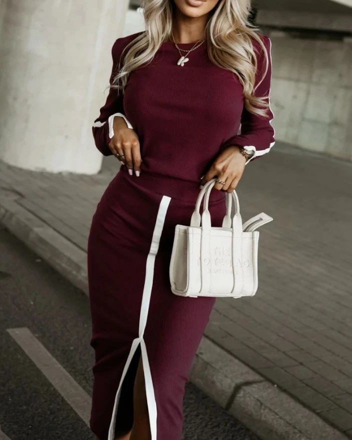 Women\'s Two-Piece Set for Autumn Winter Fashion Elegant Casual 2 Piece O-Neck Pullover Casual Top Slit Front Skirt Set Tracksuit