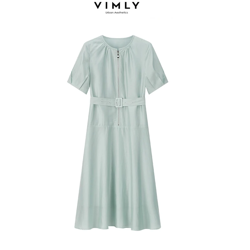 VIMLY Solid Color Women Casual Dress 2024 Summer New Chic Zip Elegant O-Neck Commuter Nidi Dress With Belt M6378