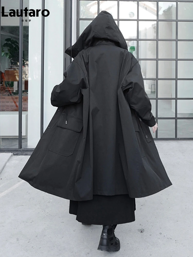 Lautaro Spring Autumn Long Oversized Black Trench Coat with Hood Dark Academia Aesthetic Luxury Designer Clothes for Women 2022