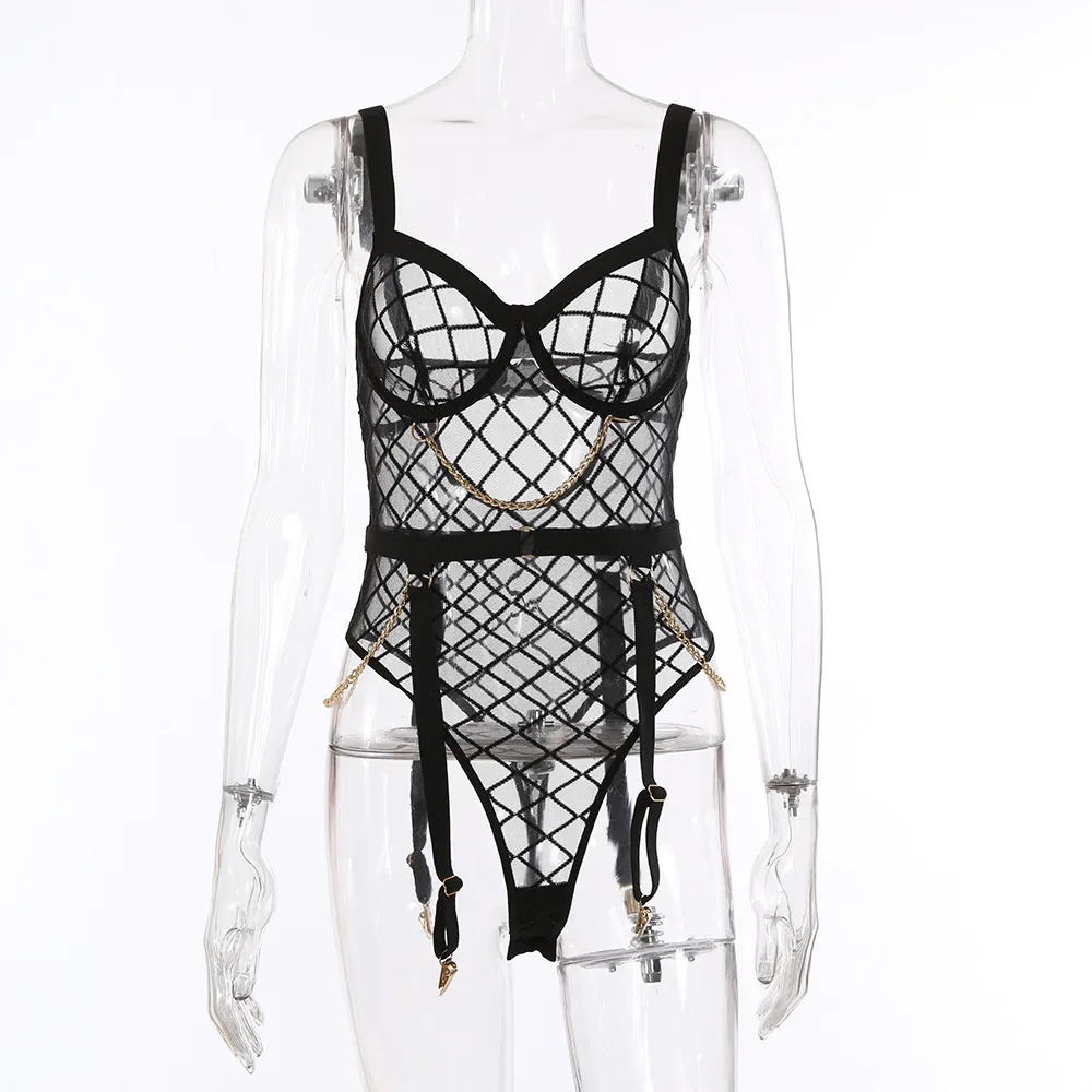 Mesh See-through Underwear Metal Chain Set Lace Bodysuit One-pieces Sexy XL Plus Size Naughty Costumes Fishnet Bodysuit