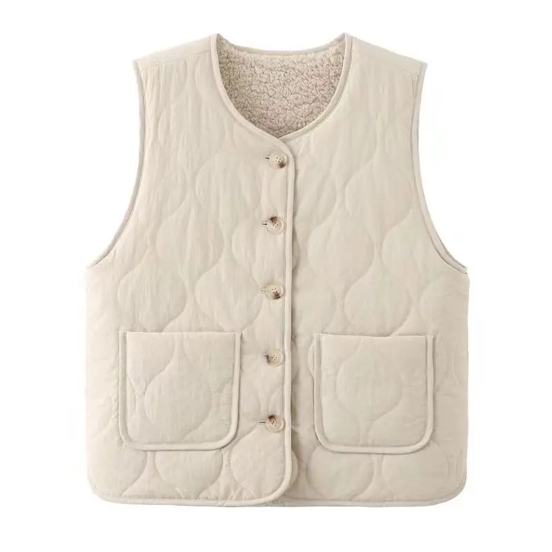 Women Winter Vest Quilted Cotton Vest Coat Sleeveless V-neck Lose Female Casual Vest Plush Lining Keep Warm Outdoor Clothes