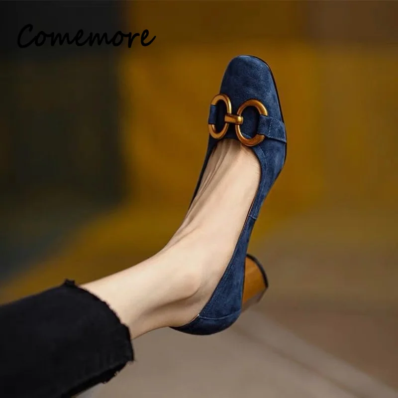 Comemore Spring Summer Dress Pumps Shoes Woman Heeled French Retro Blue High Heels Women\'s 2024 New Square Toe Medium Thick Heel