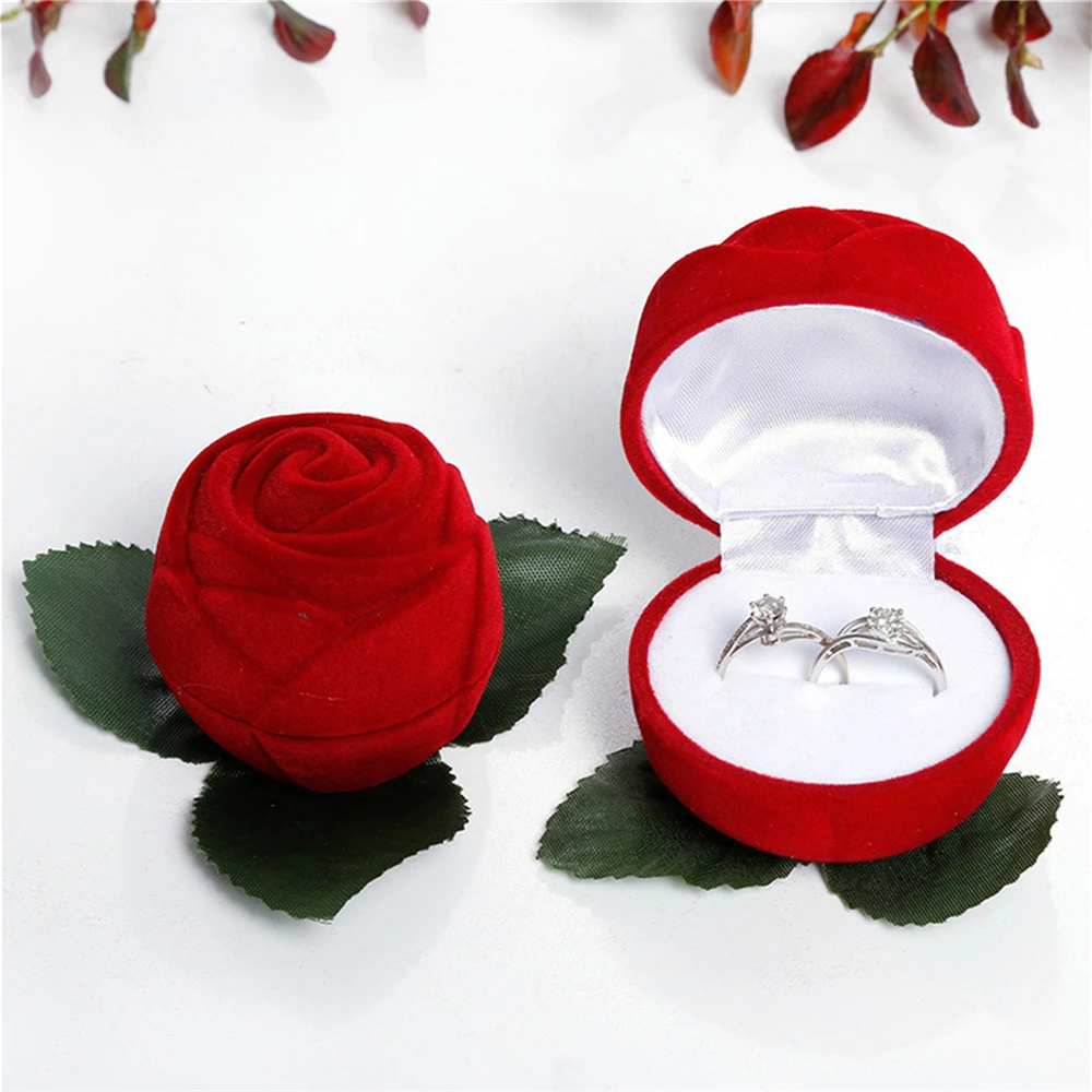 

1 шт., красный цветок, стебель, держатель для обручальных колец, серьги-гвоздики, шкатулка для хранения ювелирных изделий, бархатная однотонная коробка для обручальных колец