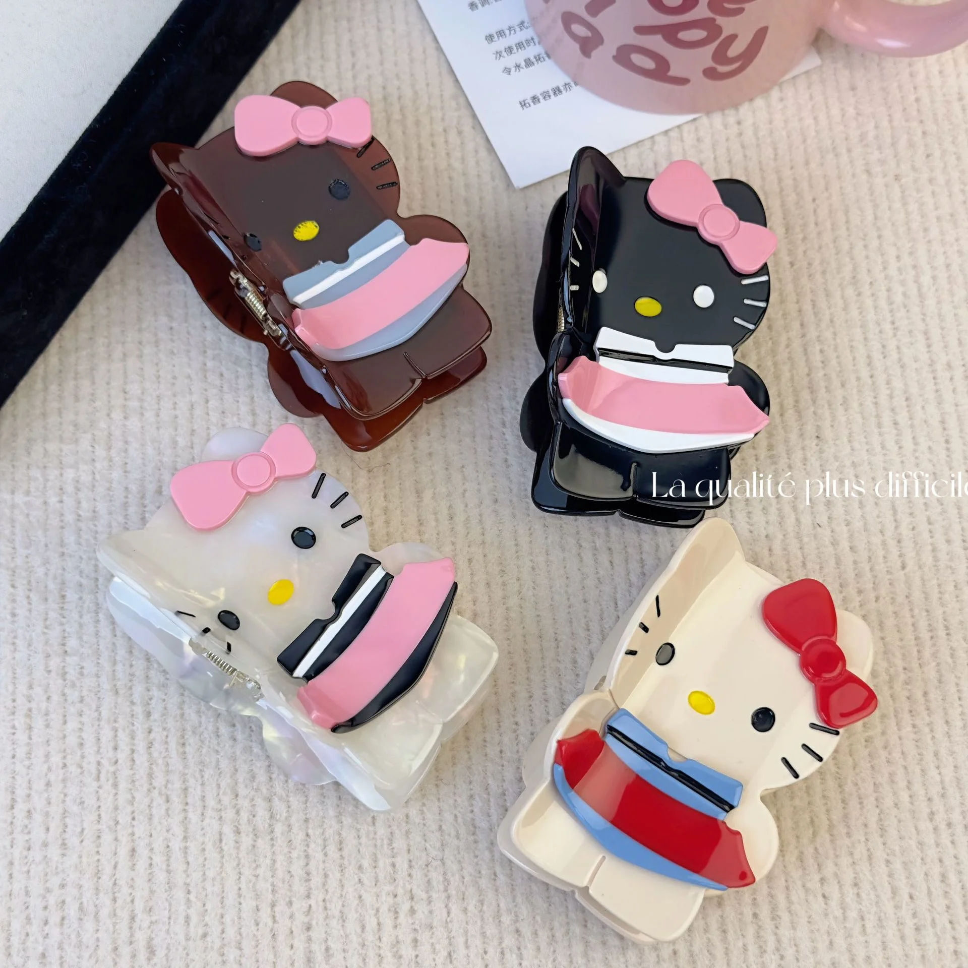 Kawaii Sanrio Y2K Anime Black Leather Hello Kitty Hair Clip Cartoon Cute Girl Big Clip Hair Bun Hairpin Hair Accessories Gift