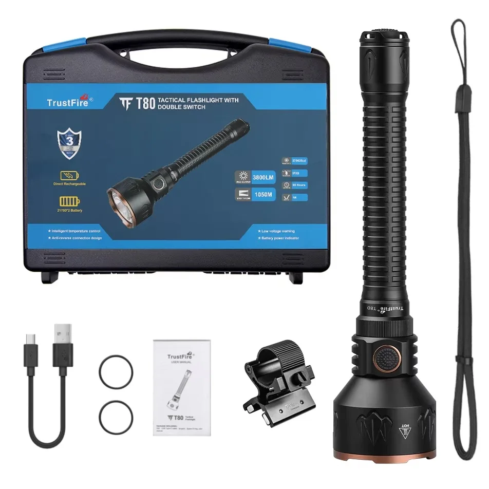 TrustFire T80 Tactical Flashlight High Power 3800LM Rechargeable USB C LED Ultra Hunting Torch Light Throw 1050M Long Range