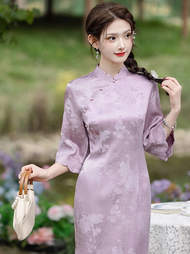 

Фиолетовое свадебное платье с вышивкой, коротким рукавом, обновленное, высококачественное, для повседневной носки, из полиэфирного волокна