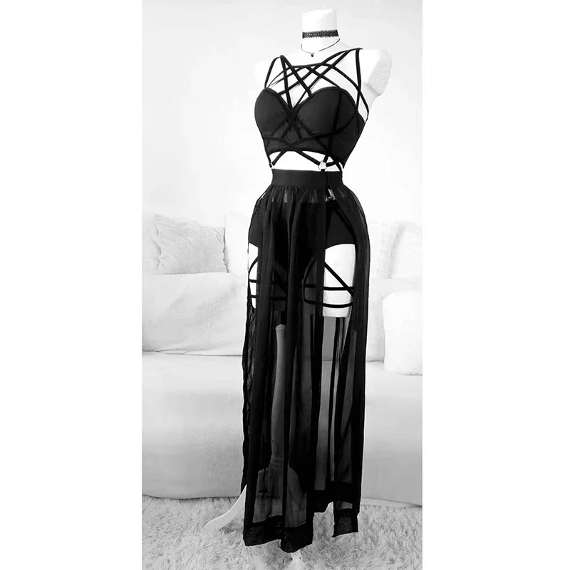 Black Three Sets Of Straps Dress With Chest Pads Women Sleepwear Erotic Lingerie Underwear Sexy Dress Hot Sexy Lingerie