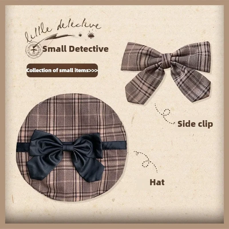 MAGOGO Original Autumn Vintage Lolita Plaid Cloak Women Little Detective SK Matching Small Items Bow Edge Clip Hair Accessories