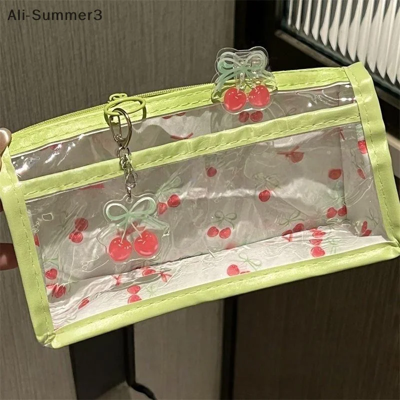 Doce cereja transparente lápis caso grande capacidade estudante papelaria zíper caneta saco material escolar saco de armazenamento de maquiagem