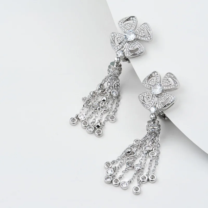 Fashion Elegant Style Women Lady Tassels Earrings Inlay Cubic Zircon Hollow Out Flower Silver Color Eardrop