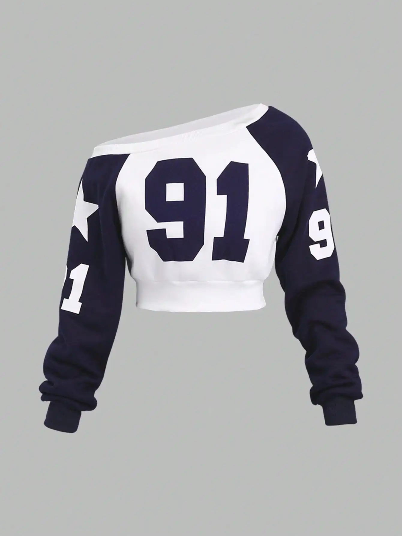 เสื้อสเวตเชิ้ตครอปเปิดไหล่พิมพ์ลายตัวเลข 91 สีตัดกัน สไตล์วิทยาลัย สำหรับฤดูใบไม้ร่วง