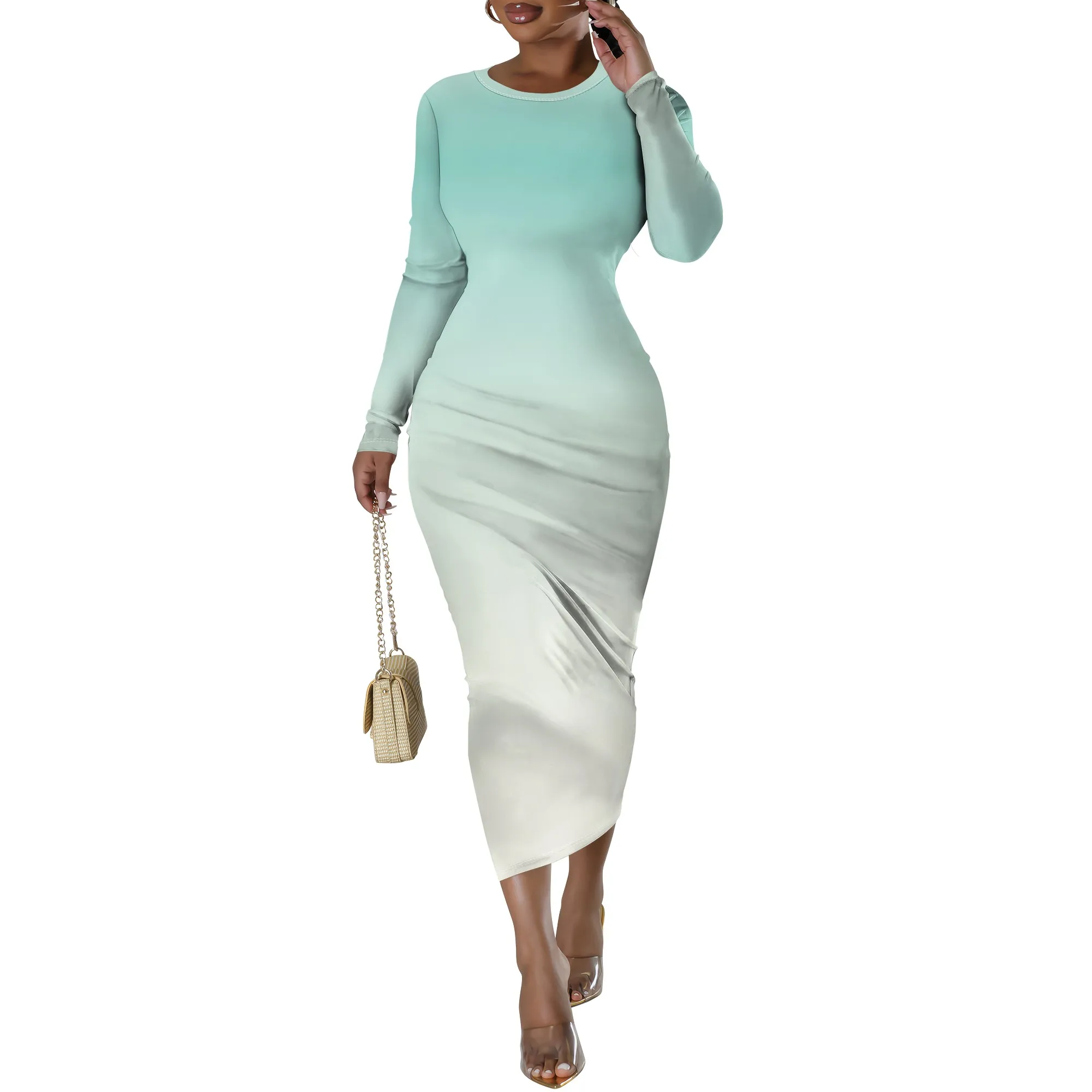 

Women's Bodycon Round Neck Long Sleeve Dress Fashion Printed Pencil Dress Cocktail Party Long Maxi Dress