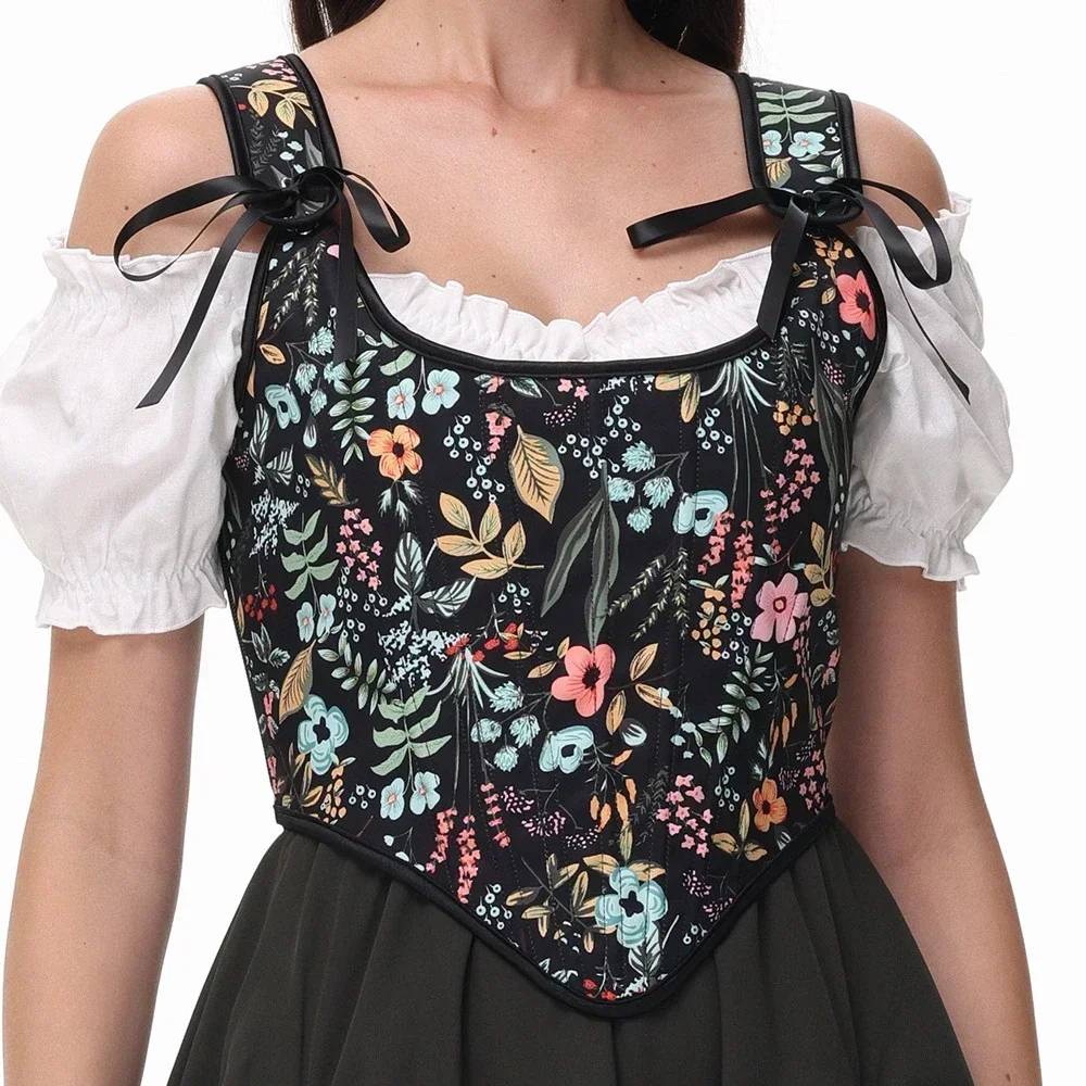 

Floral Print Overbust Lace Up Corset Medieval Gothic Black Tank Top Women Bustier Sexy Lingerie Steampunk Vintage Clothes