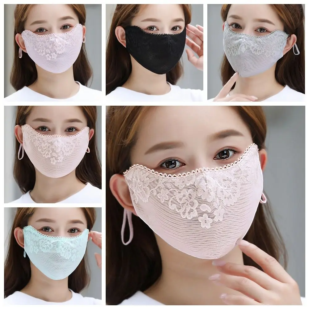 Thin Solid Color Sunscreen Lace Mask Hanging Ear Sunshade Sunscreen Face Cover Flower Breathable UV Protection Mask Hiking