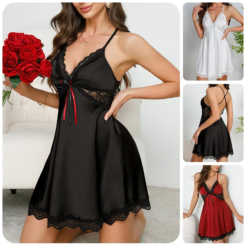 

Satin Lace Nightgown with Hollow Back, Deep V Suspenders, Multi-color Sexy Pajamas