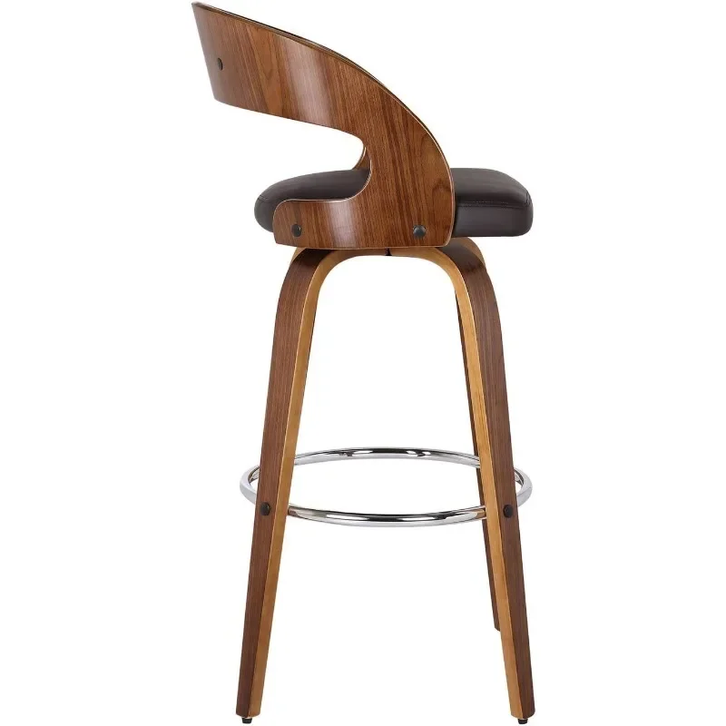 Shelly-Modern Swivel Bar Stool para Kitchen Island Counter, Faux Leather e Walnut Wood, Mid Century Brown, 26 na altura do assento