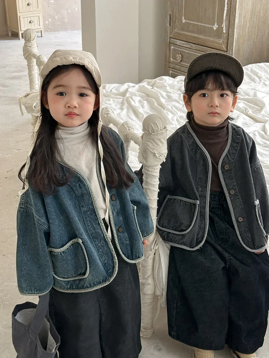 

Autumn New Kids Denim Jacket Vintage Piped Edge Coat 1-7Y Children Outerwear Boys Girls Loose Casual Jackets