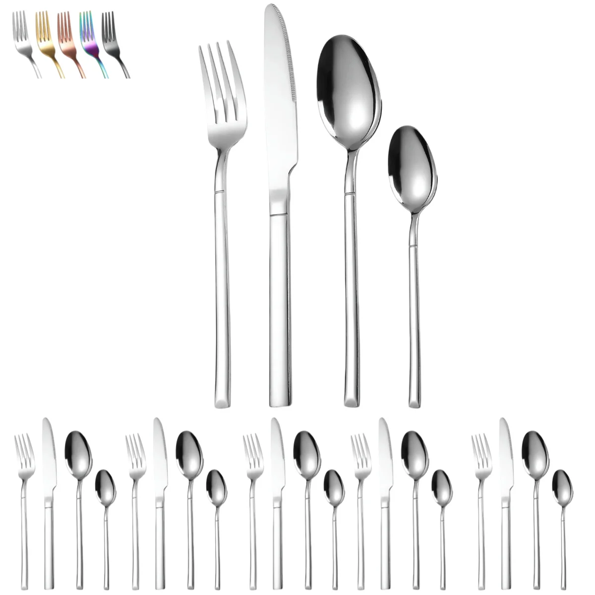 

A · HOUSEWARE 24-Piece Silverware Set Knight Square Handle Stainless Steel Cutlery Set for 6, Modern Design Flatware Utensil Set