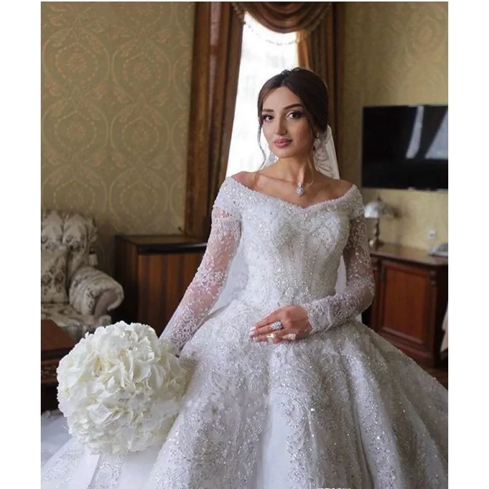 

Dubai Arab Luxury Sparkling Long Sleeve Wedding Dress Lace Beads Off Shoulder Elegant Bridal Ball Dress Customized