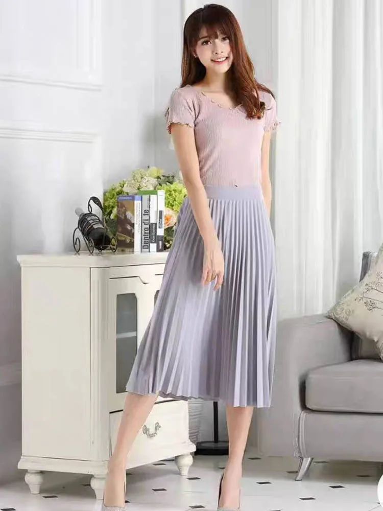 

Casual solid color pleated elastic high waisted skirt
